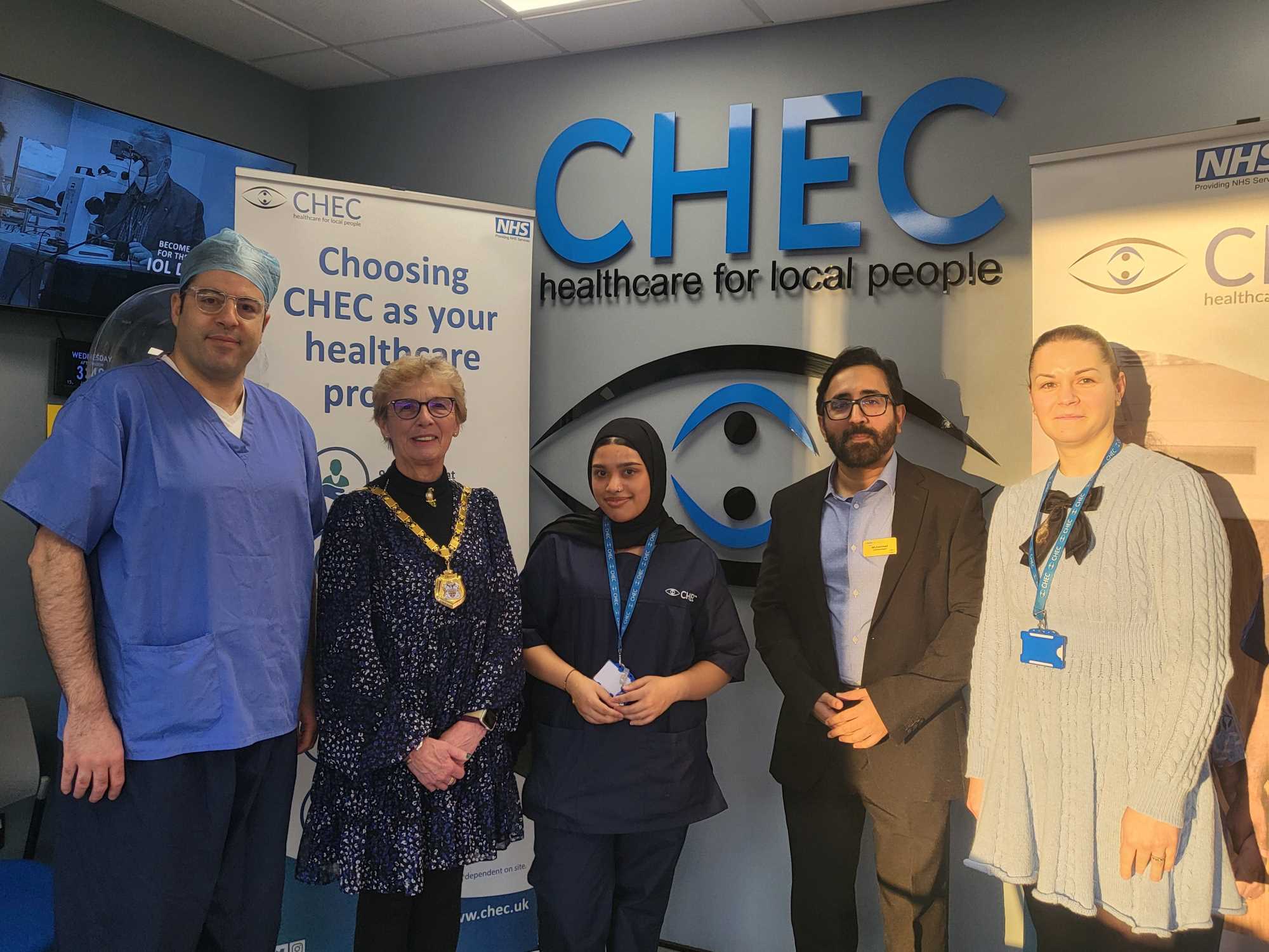 (left to right): Mr Miri – Surgeon, Milton Keynes Mayor - Marie Bradburn, Naz - Optical Assistant, Mr Jawad - Outpatient Doctor, Monica - NHS Partnership Executive