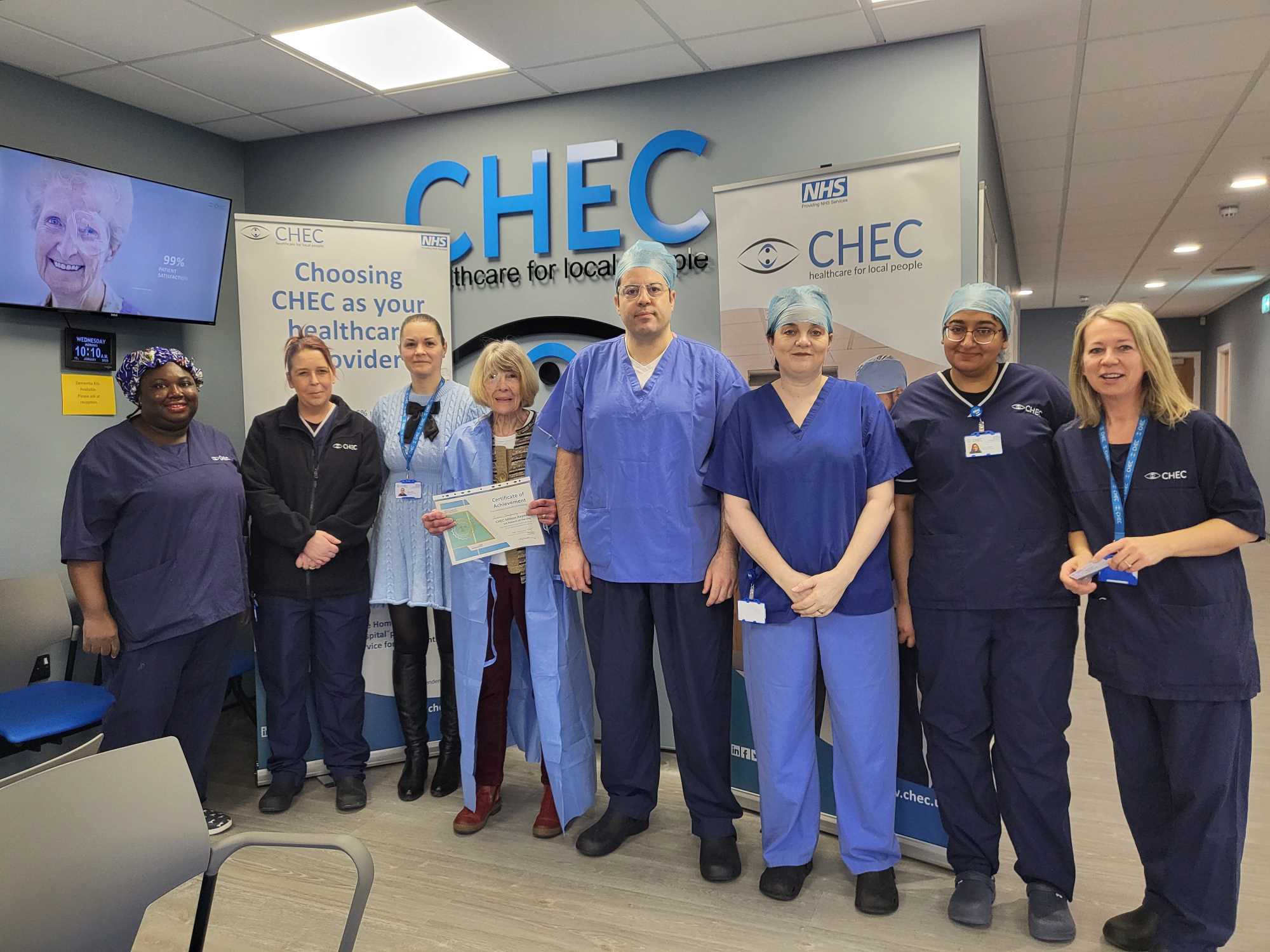 (left to right): Claudia - Lead Nurse, Michelle - Healthcare Assistant, Monica - NHS Partnership Executive, Patient, Mr Miri – Surgeon, Lynn - Registered General Nurse, Amber - Optical Assistant, Alex - Hospital Manager